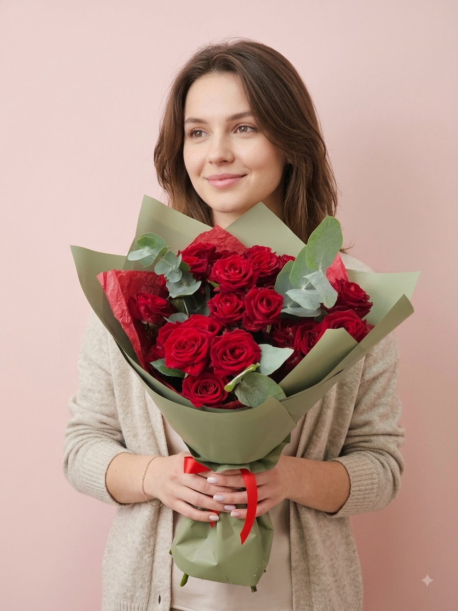 Букет из алых кустовых роз с эвкалиптом 